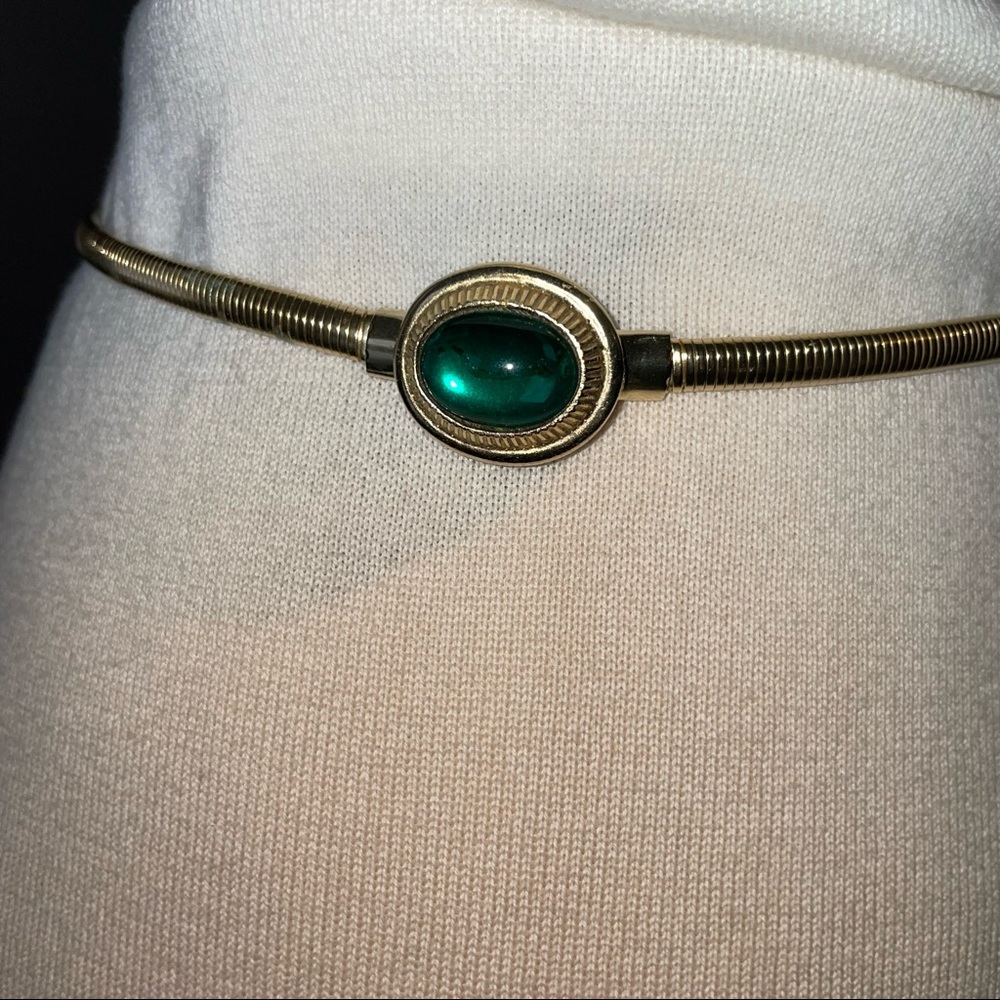 Vintage Gold Tone Belt Elasticized with Green Faux Jewel Clasp